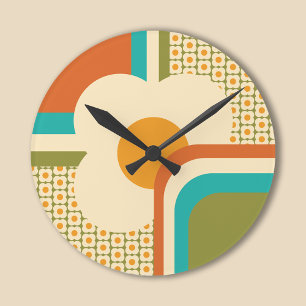 Retro 70-tals geometriskt blommotiv rund klocka