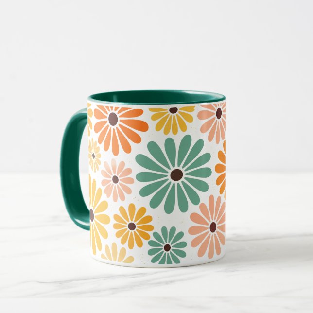 Retro 70-tals Groovy Daisy Blommig Grön Tvåtons Mugg (Framsida vänster)