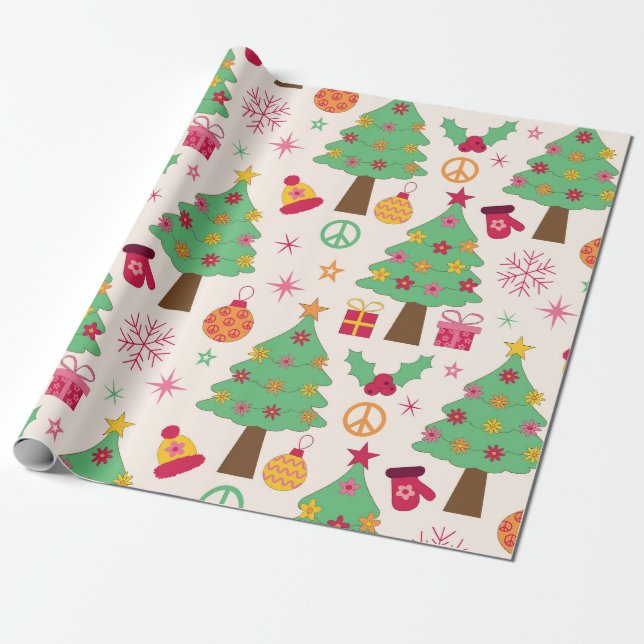 Retro 70-tals Groovy Julgranar Mönster  Presentpapper (Utrullad)