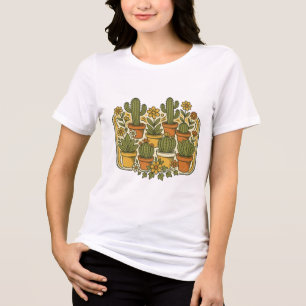 Retro 70-tals Groovy Krukad Kaktus och Blommor Mär T Shirt