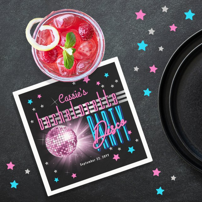 Retro 70-tals neonlook Discoklot Sjungande möhippa Pappersservett (Retro 70's Neon Look Disco Ball Bachelorette Party Cocktail Napkins)
