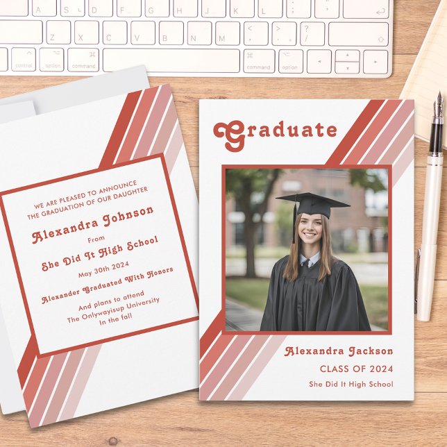 Retro 70-tals orange randig examensfoto examen  meddelande (Retro stripe orange 70s vintage graduate photo high school graduation announcement )