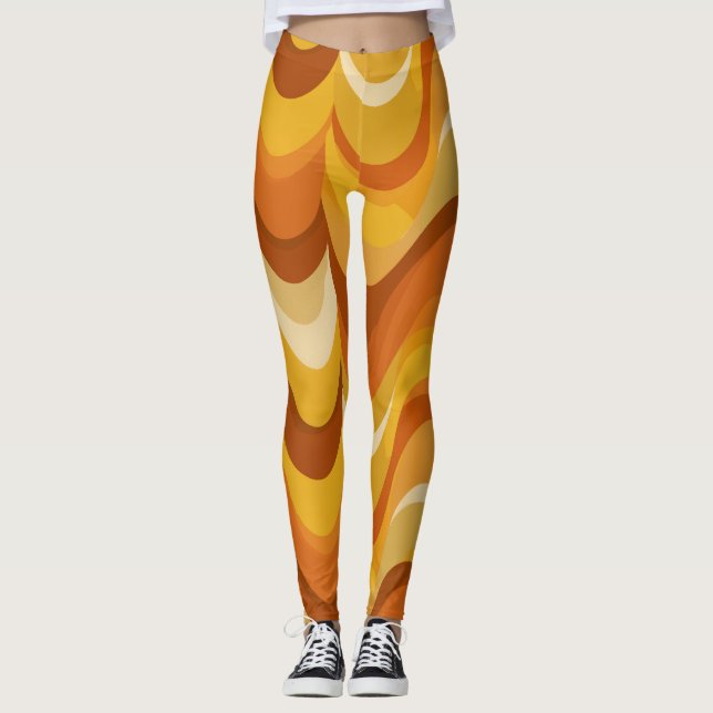 Retro 70-tals Orange Senap Våg Abstrakt Mönster Leggings (Framsida)