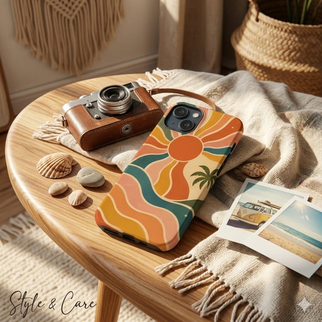 Retro 70-tals solnedgångsvågor & palmer Estetik (Retro 70s Sunset Waves & Palm Trees Aesthetic iPhone 13 Mini Case)