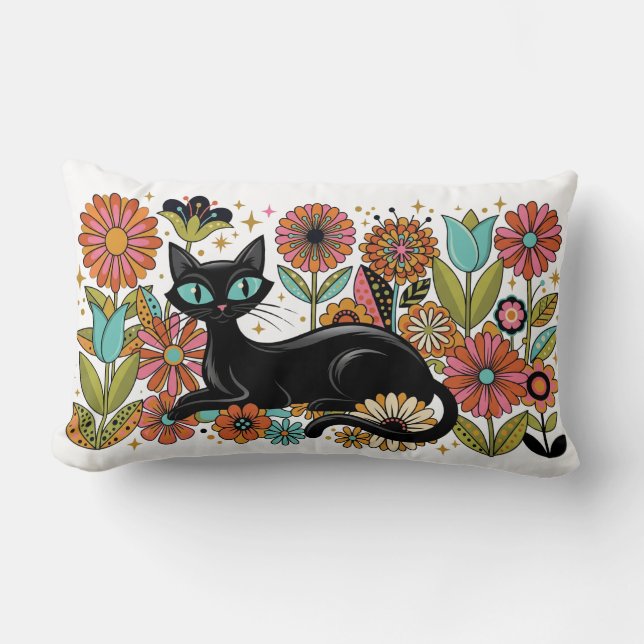 Retro 70-tals svart katt blomster boho design lumbarkudde (Framsida)