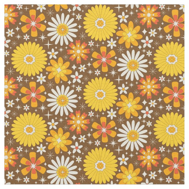 Retro 70-talsblommor med atomära stjärnexplosioner tyg (Närbild)