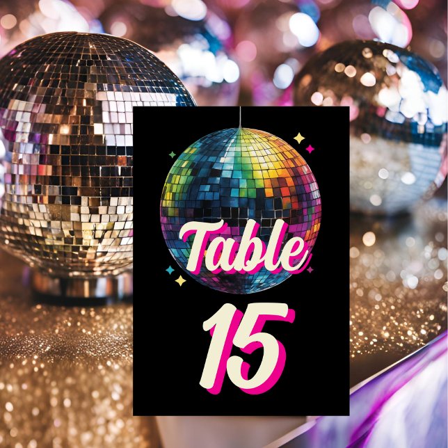 Retro 70-talsfest Disco Boll Glitter Glamour Bröll Bordsnummer (Angled view retro 70s disco ball wedding dance themed wedding vintage glam festive Table Number)