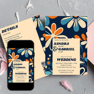 Retro 70-tums teal daisy blommor bröllop i en inbjudningar