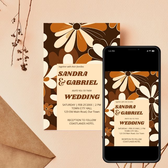 Retro 70ies terracotta-blommor bröllop-mall inbjudningar (Retro 70ies terracotta brown daisy flowers editable template wedding invitation digital download )