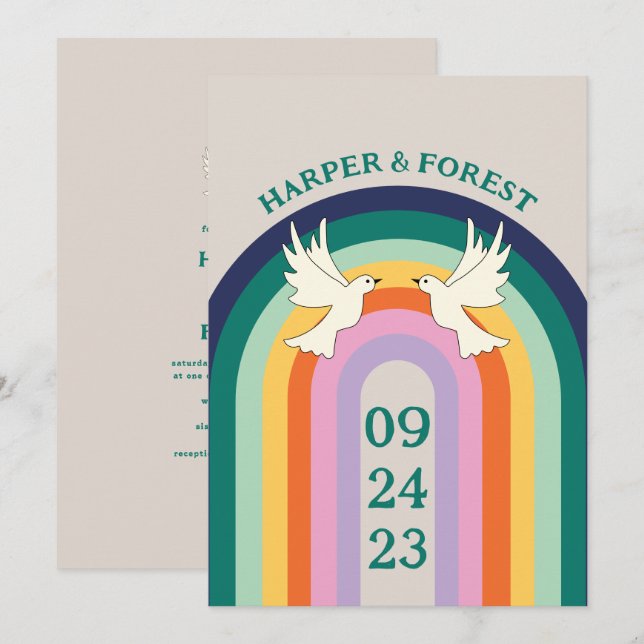 Retro 70s Arch Rainbow Inbjudningar (Fram/baksida)