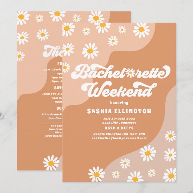 Retro 70s Bachelorette Helg Itinerary Inbjudningar (Fram/baksida)