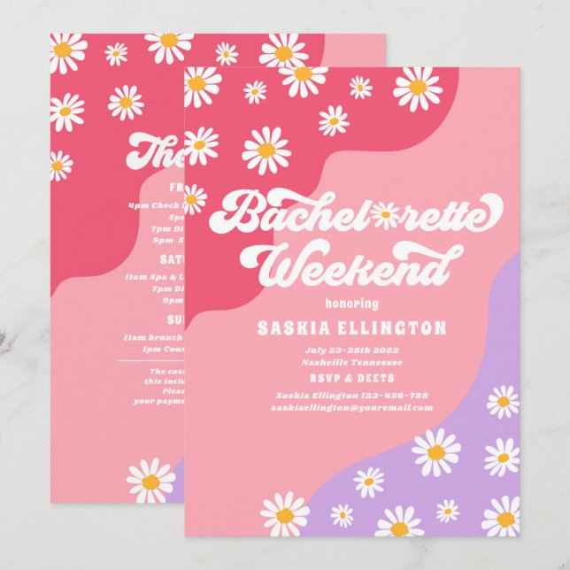 Retro 70s Bachelorette Helg Itinerary Inbjudningar (Fram/baksida)