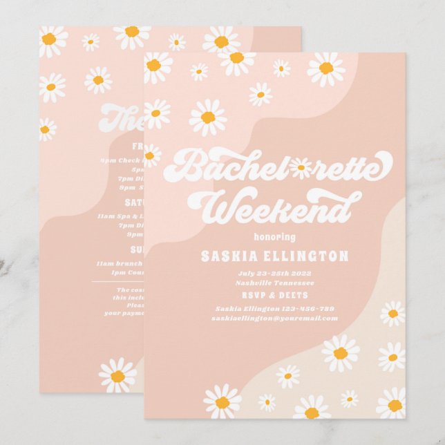 Retro 70s Bachelorette Helg Itinerary Inbjudningar (Fram/baksida)