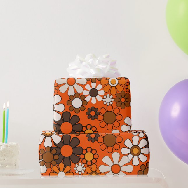 Retro 70s Birthday Boho Floral Brown Orange Presentpapper (Festgåvor)