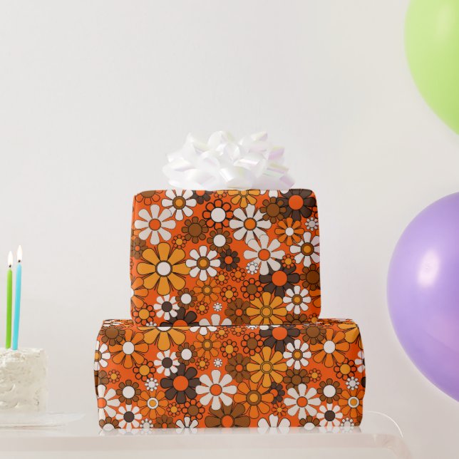 Retro 70s Boho Floral Brown Orange Gift Presentpapper (Festgåvor)