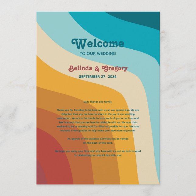 Retro 70's Colorful Rainbow Bröllop Itinerary Program (Framsida)
