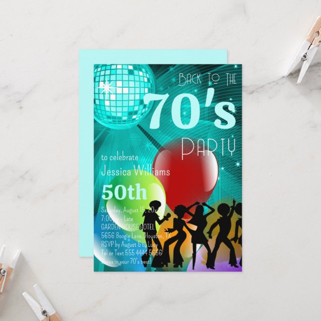 Retro 70's Disco Boll & Balloons Teal Birthday Inbjudningar (Fram/Back In Situ)