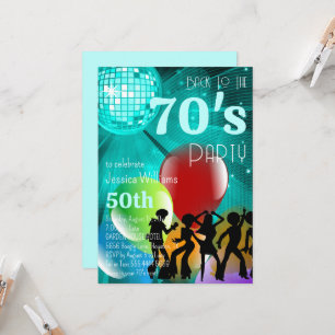 Retro 70's Disco Boll & Balloons Teal Birthday Inbjudningar