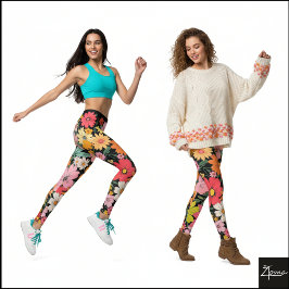 Retro 70s Floral Groovy Daisy Backdrop black Leggings