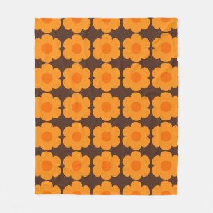 Retro 70s Flowers Blommönster Orange och Brown Fleecefilt