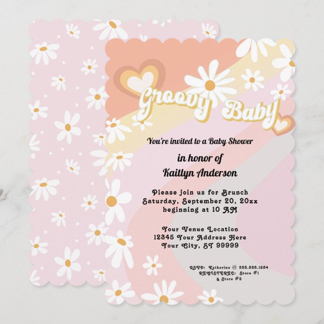 Retro 70s Groovy Daisy Peach Girl Baby Shower Invi Inbjudningar (Fram/baksida)