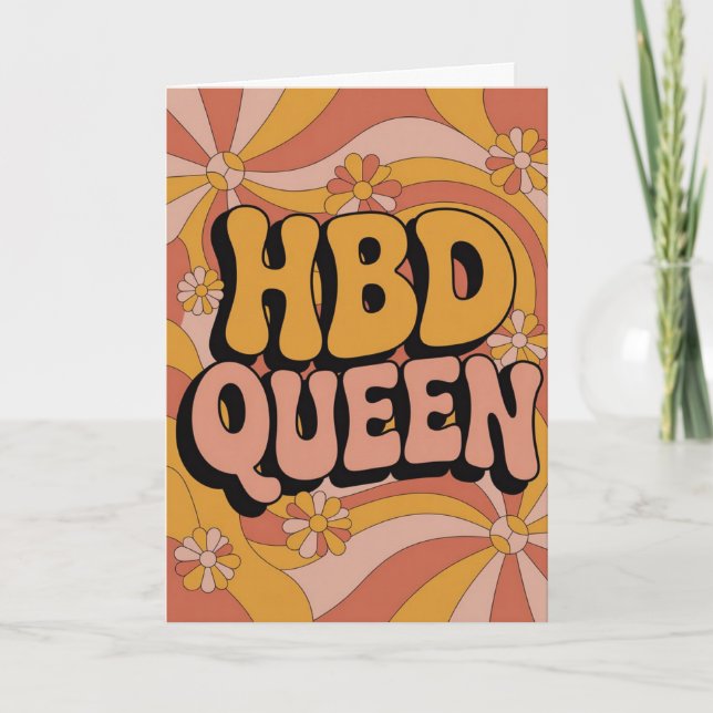 Retro 70s Groovy HBD Queen Birthday Card for Her Kort (Framsida)