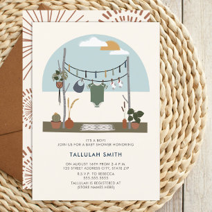 Retro 70s Macrame Plants Clothesline Baby Shower Inbjudningar