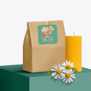 Retro 70's Merry and Bright Lycklig Flowers Fyrkantigt Klistermärke