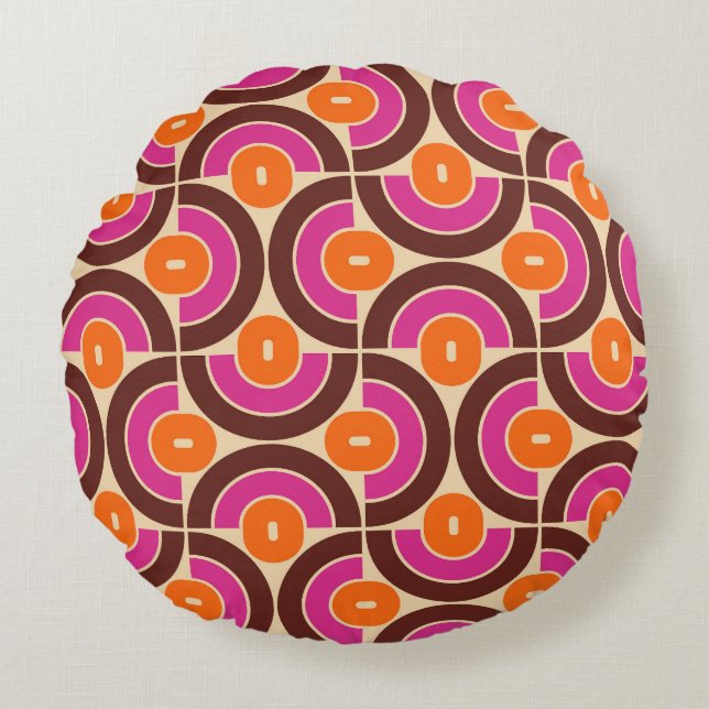 Retro 70s Mid-Mod Geometric Mönster Rund Kudde (Framsidan)