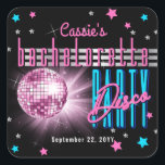 Retro 70's Neon look Disco Boll Bachelorette Fyrkantigt Klistermärke<br><div class="desc">Ta en resa tillbaka till 70-talet och party på vilden med den här texten "Välkommen" till [namn] "Bachelorette Disco Party"-designen i rosa, elblått och med rosa och boll tonstext med silver, blå och rosorna stjärnor - allt på svart bakgrund. Observera att bachelorettes namn finns i rosa redigerbar skripttext. Textdesignen "Welcome"...</div>
