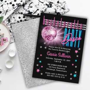 Retro 70's Neon Se Disco Boll Bachelorette Party Inbjudningar