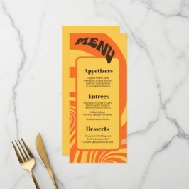 Retro 70s Orange Gult 3 Bröllop Menu Meny