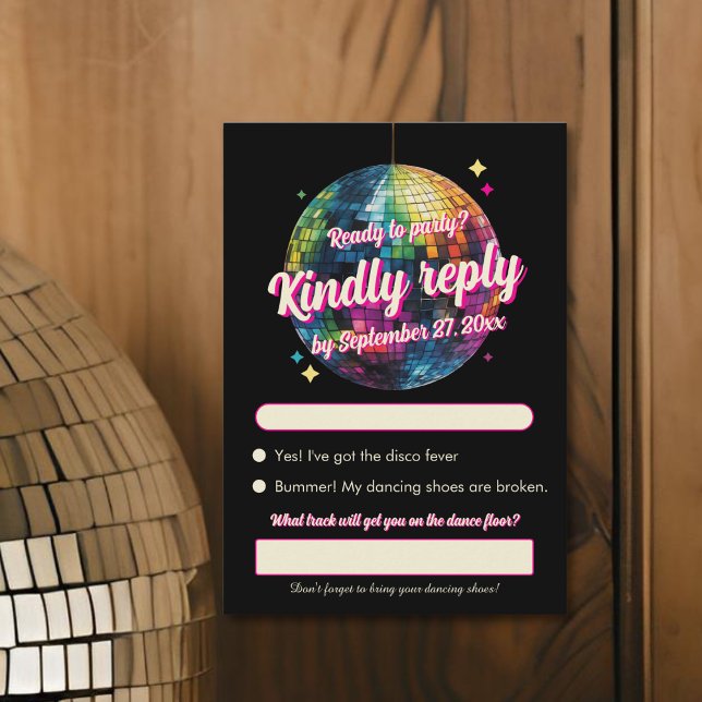 Retro 70's Party Disco Ball Sparkle Glam Wedding  OSA Kort (Front view retro 70s disco ball wedding fun nightlife statement wedding RSVP Card)