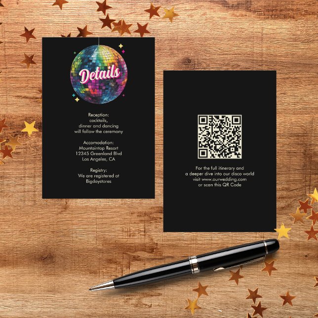 Retro 70's Party Disco Ball Sparkle Glam Wedding  Tilläggskort (Flat lay country music retro vibes wedding groovy musical night glamour QR Code Details Card)