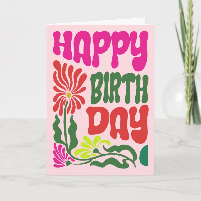 Retro 70s Psychedelic Hippie Flower Birthday Kort (Framsida)