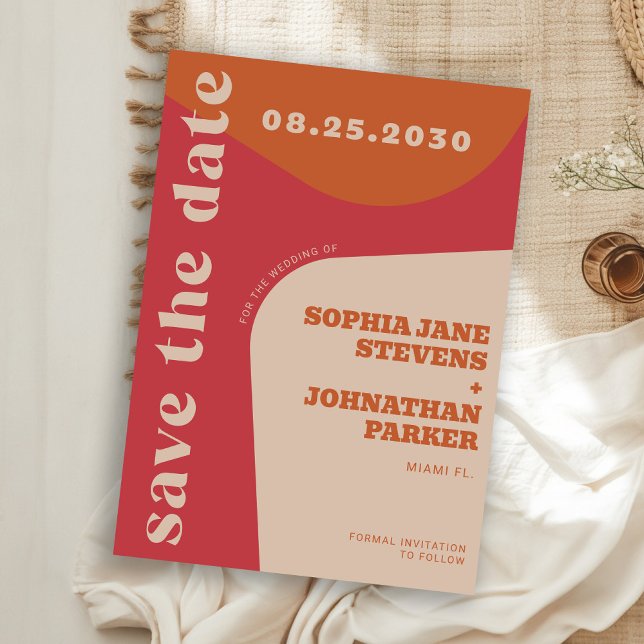 Retro 70s red orange beige wedding spara datumet (Skapare uppladdad)