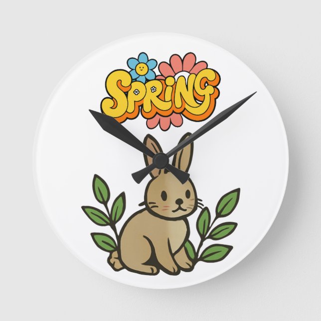 Retro 70s Spring Bunny Graphic Design Rund Klocka (Framsida)