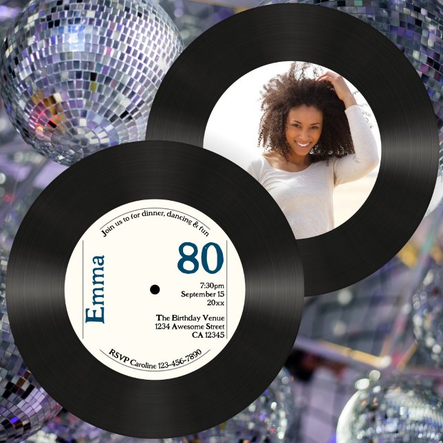Retro 80:e födelsedagen Foto Faux Vinyl Record Mus Inbjudningar (Skapare uppladdad)