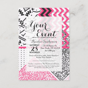 Retro 80:s 90:e Neon Rosa Black White Scribbles Inbjudningar
