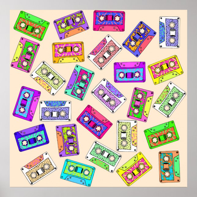 Retro 80:s 90 Neon Patterned Cassette-band Poster (Framsidan)