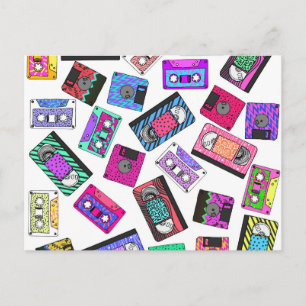 Retro 80:s 90 Neon Patterned Cassette-band Vykort