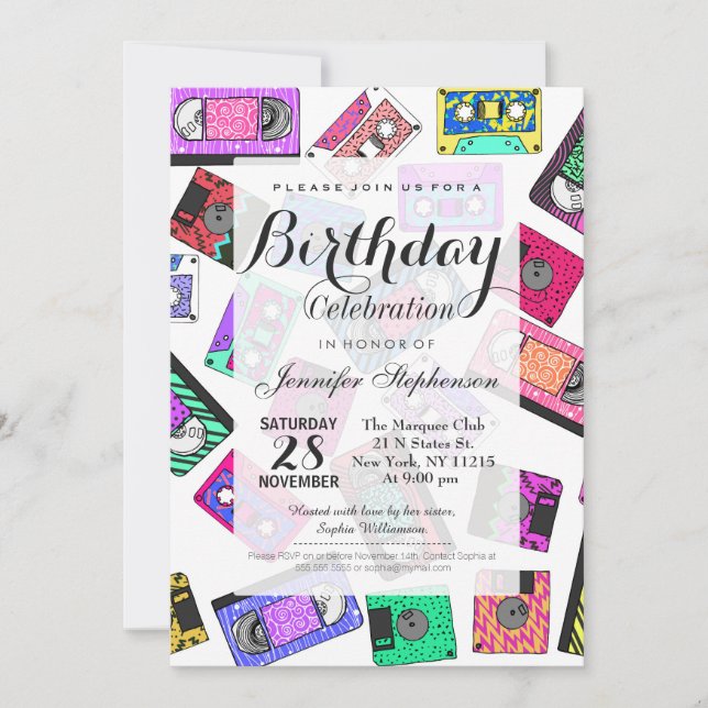 Retro 80:s 90's Neon Patterned Cassette-band Inbjudningar (Framsida)