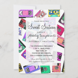 Retro 80:s 90's Neon Patterned Cassette-band Inbjudningar