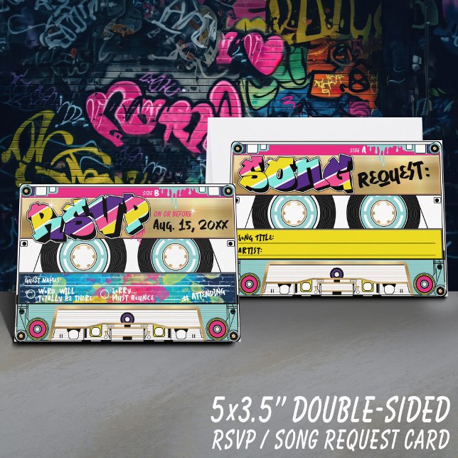 Retro 80:s Hip hop-Guld-kassettband Bröllop OSA (Fun retro colorful graffiti 80's theme gold record label wedding invitation rsvp cassette tape card)