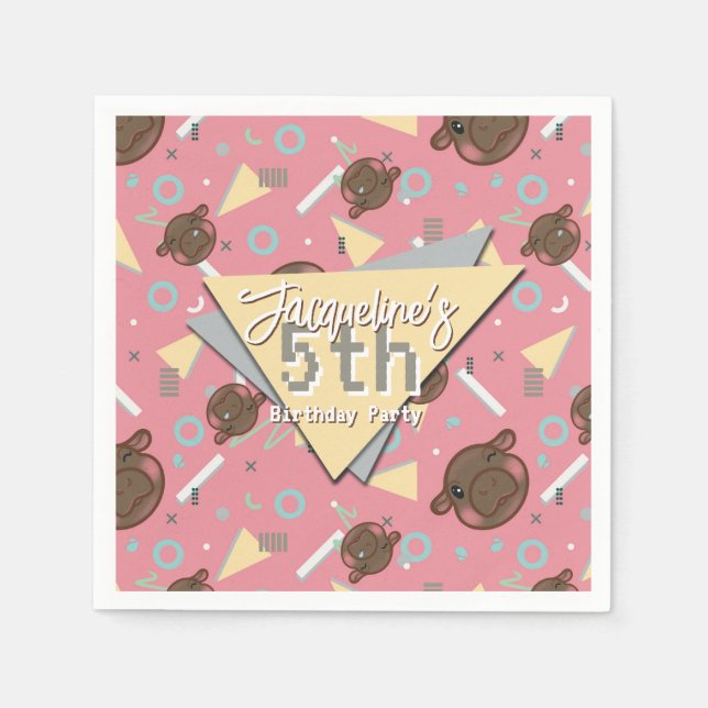 Retro 80:s Rosa Baby Hippo Birthday Pappersservett (Framsidan)