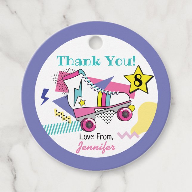 Retro 80:s Skate Party födelsedag Tack Gåvor Etiketter (Framsida)