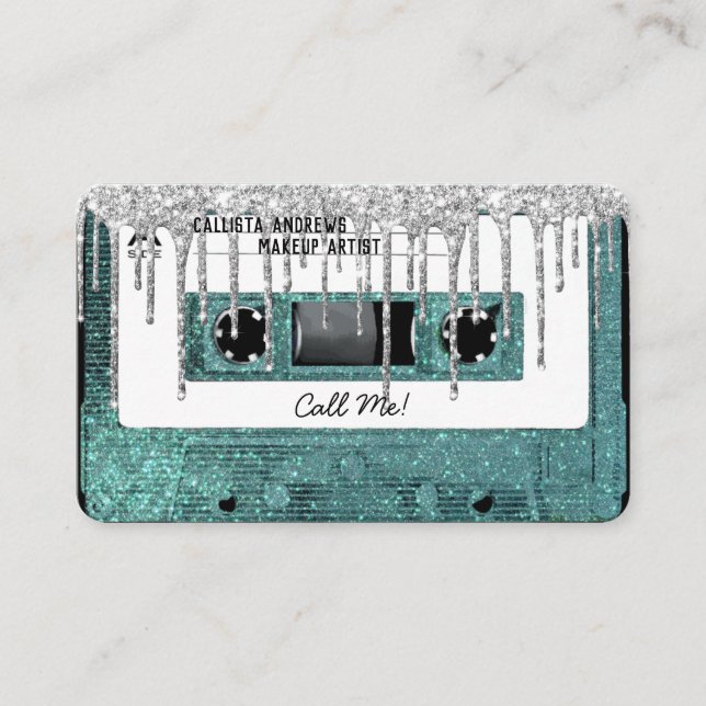 Retro 80:s Teal Glitter-drivkassettbandsblandning Visitkort (Framsida)