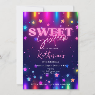 Retro 80-tal Neon Laser Glöd Sweet 16 Sexton Inbjudningar