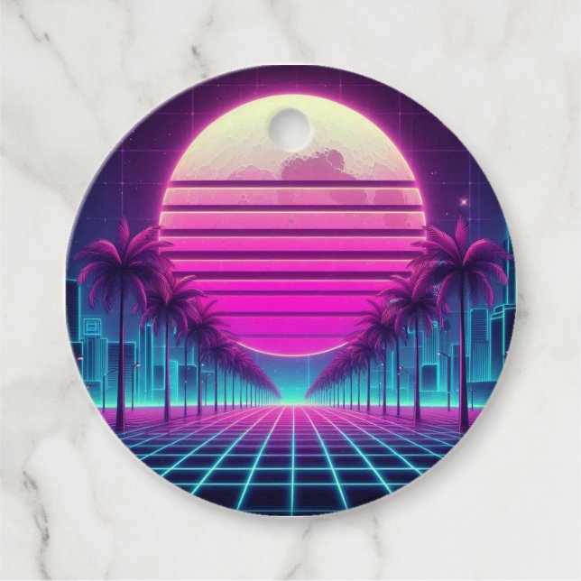 retro, 80-tal neon måne/handflatan gåvor etiketter (Framsida)