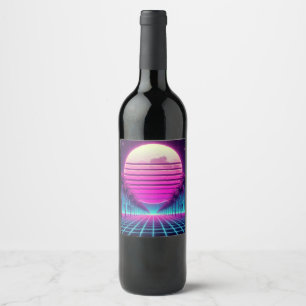 retro, 80-tal neon måne/handflatan vinflaska etikett